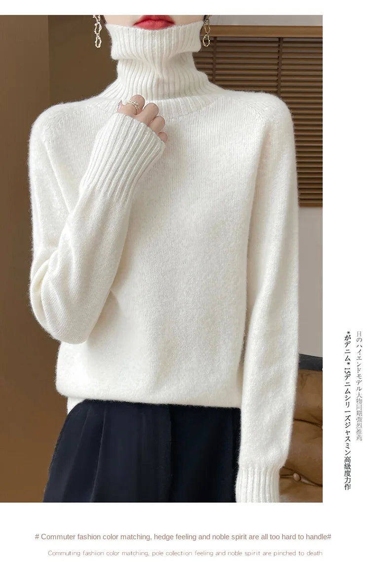 Women's Clothing New Fashion Autumn And Winter Merino Wool Pullover Solid Color Long Sleeve Basic Thermal Top 100% Wool Sweater