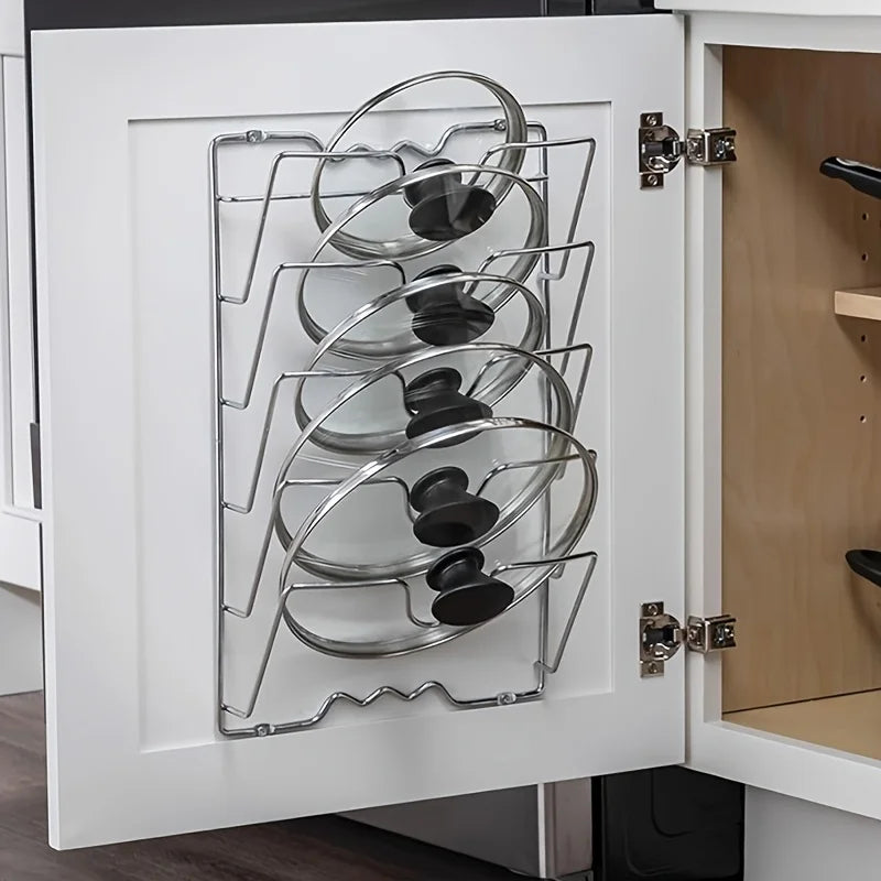 Wall-Mounted Pot Lid Organizer Rack – Multi-Tier Metal Storage for Kitchen
