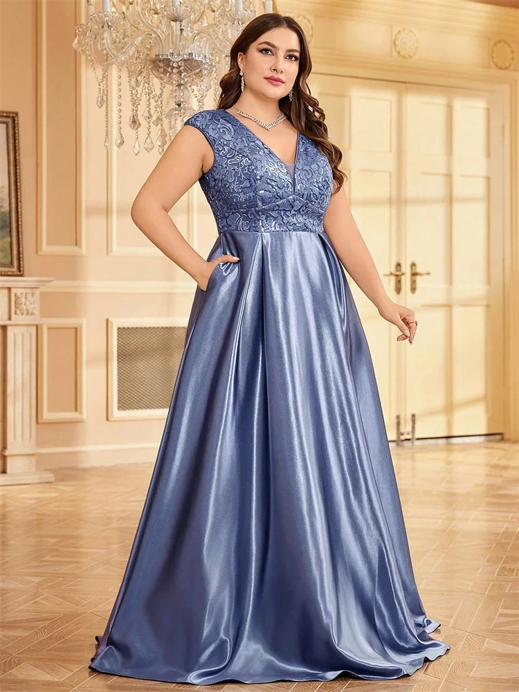 Plus Size Luxury Satin Sleeveless Evening Dress Elegant Long Sequin Splice A-line Formal Wedding Party Cocktail Gowns