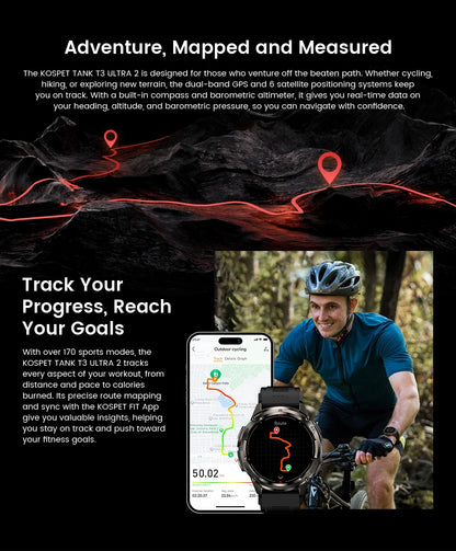 KOSPET TANK T3 Ultra 2 GPS Smart Watch For Men Smartwatch Compass Altimeter Barometric 5ATM IP69K Waterproof AMOLED Mens Watches