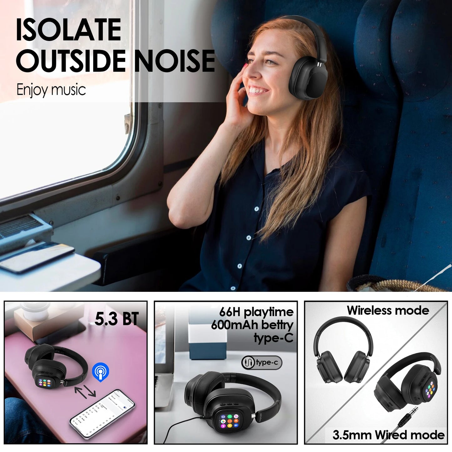 Siindoo JH-ANC930Plus Hybrid Wireless Headphone, Active Noise Cancelling Headphones With Multi Magnetic Touch Control LED Screen