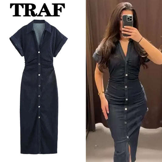 Women’s Denim Midi Dress – Casual A-Line Summer Look