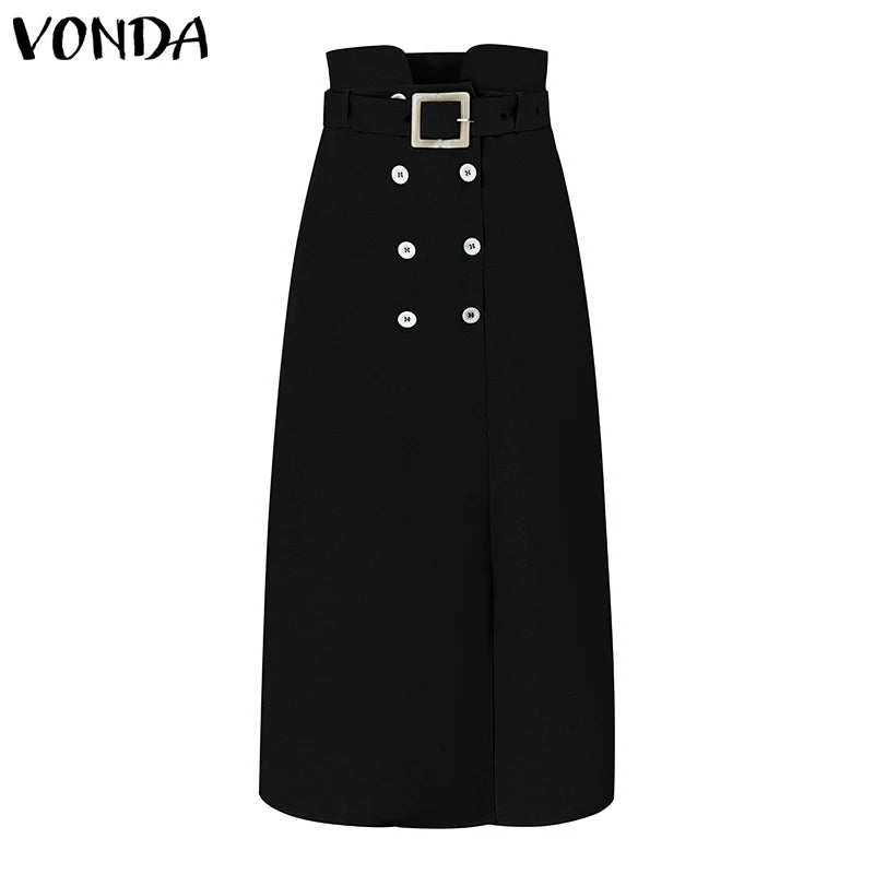 VONDA Women Elegant Skirts 2025 Casual Waistband Button Design Slit Long Overskirts Solid Color Office Lady Bottoms Oversized