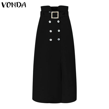 VONDA Women Elegant Skirts 2025 Casual Waistband Button Design Slit Long Overskirts Solid Color Office Lady Bottoms Oversized