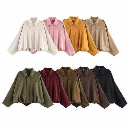 RAFZNB Women's Bomber Jackets Coats Fashion Turn-down Collar Long Sleeve Loose Coats Vintage Female Outerwear Chic Tops