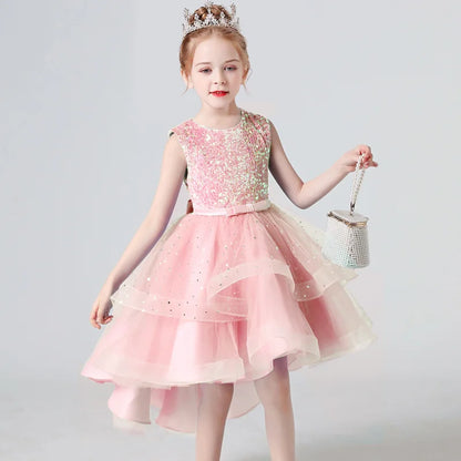 2023 Hot style Summer Sequin Lace Tuxedo Wedding Dress for girls 3-13 years old Sleeveless fluffy Mesh gauze Doveark brand