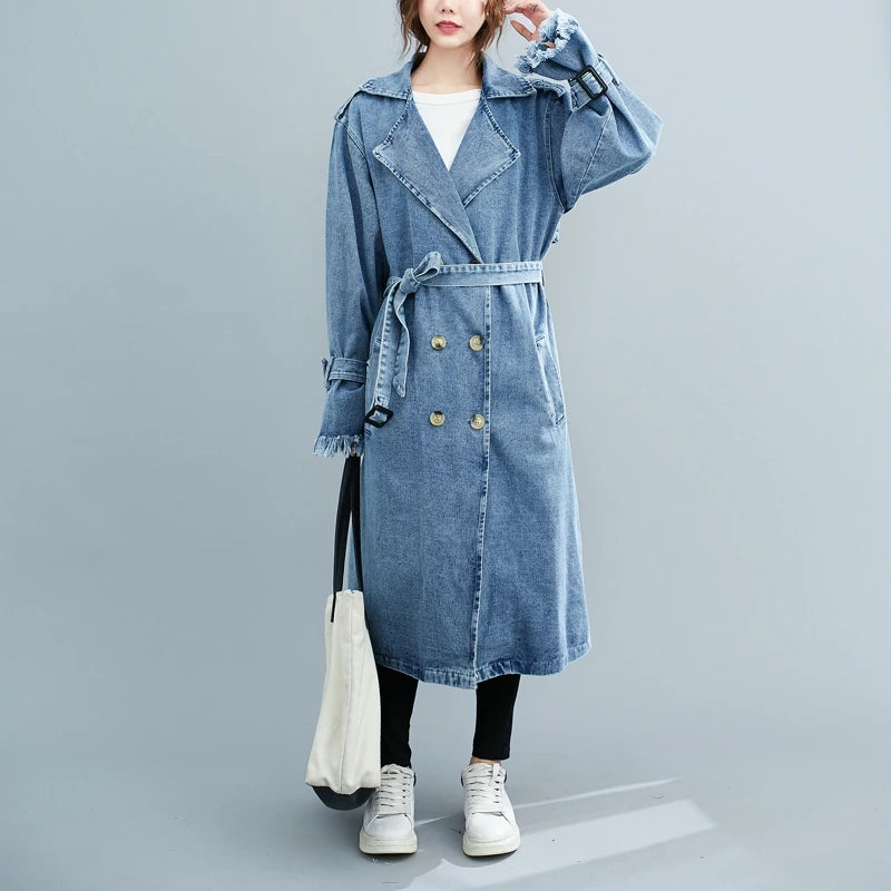 2025 Women's Denim Trench Coat Autumn Double Breasted Belted Casual Jean Overcoat Loose Long Windbreaker Jacket Couple Models