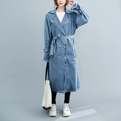 2025 Women's Denim Trench Coat Autumn Double Breasted Belted Casual Jean Overcoat Loose Long Windbreaker Jacket Couple Models