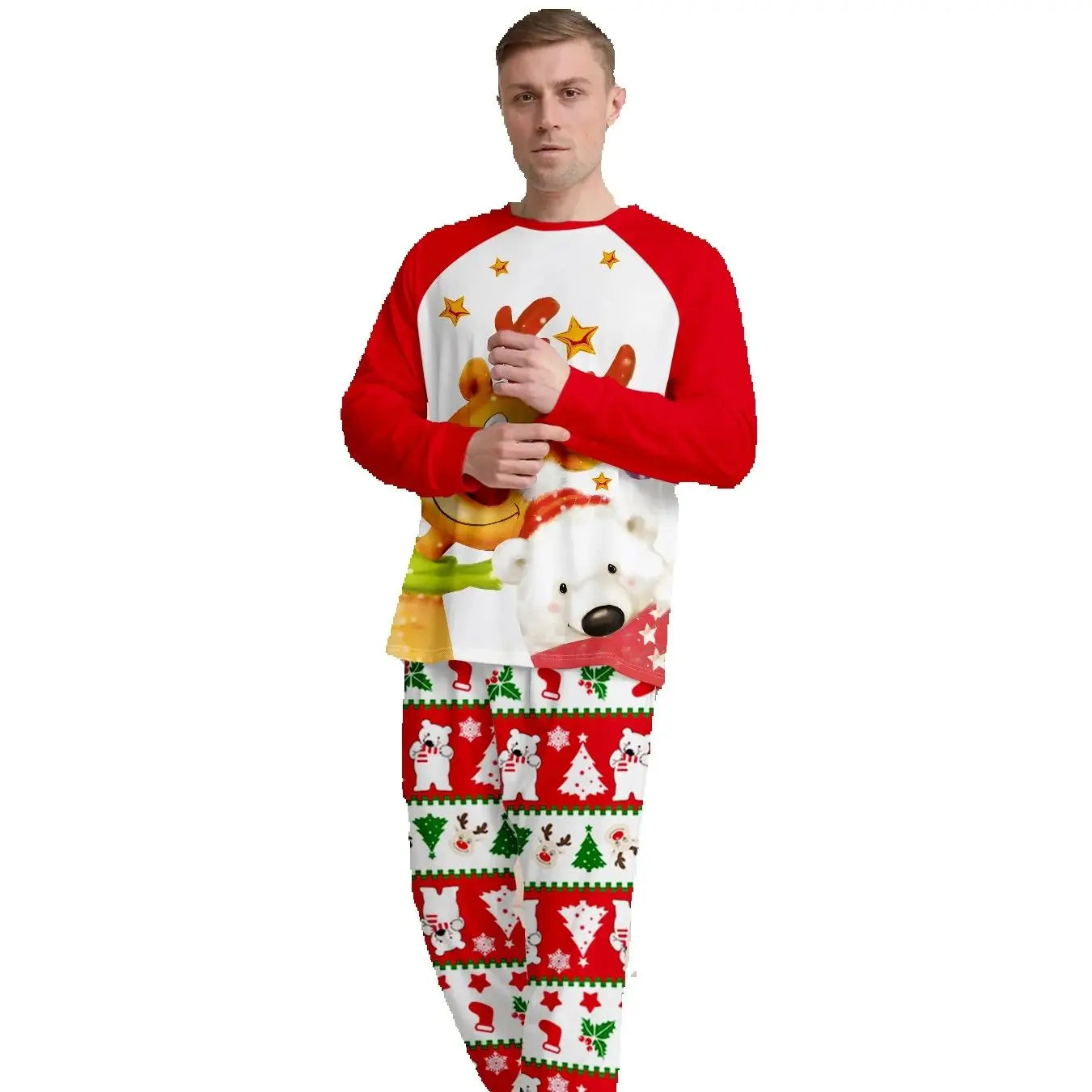 Men's Christmas Pajama Ensemble, Reindeer & Polar Bear Motif, Festive Patterned Pants