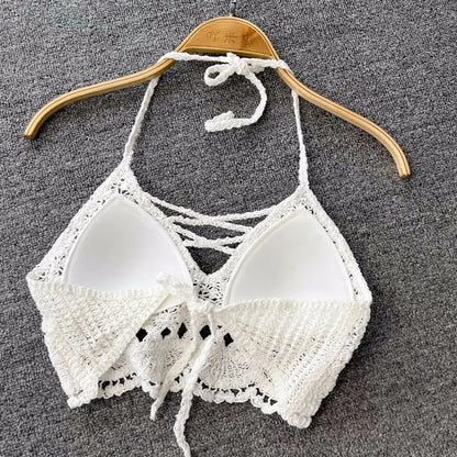 SINGREINY Knit Two Piece Sets Women Summer Vacation Backless Camisole Elastic Waist Shorts Hollow Out Y2K Beach Style Suits