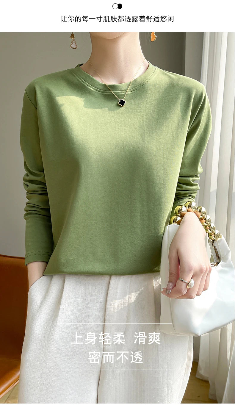 Spring Autumn 100% Cotton Long-Sleeved T-Shirt Women's Round Neck Mercerized Cotton Bottoming Shirt Loose Top