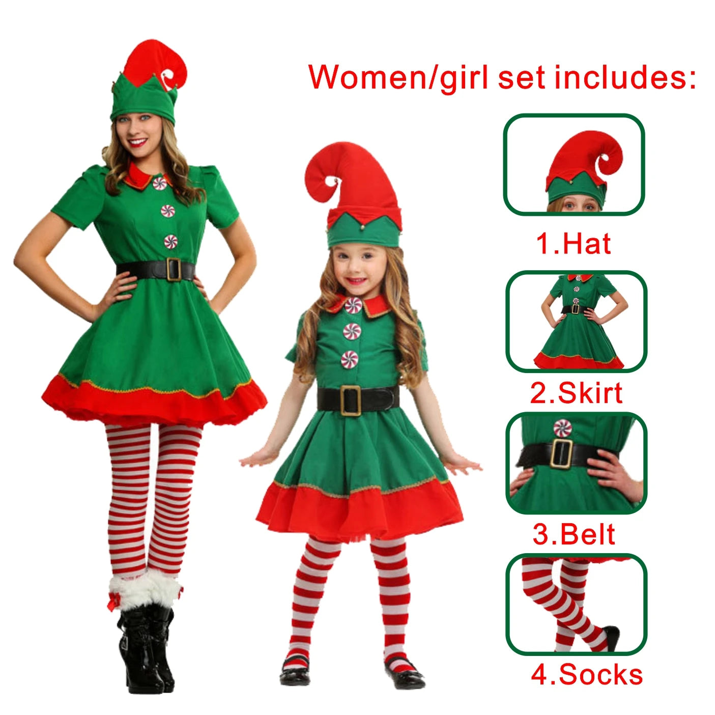 Adult and Boys Christmas Green Elf Cosplay Costume Xmas Party New Year Santa Claus Hat Belt Socks Shoe Cover Dress Clothes Set