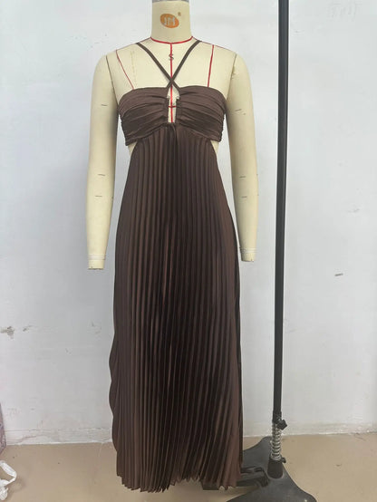 Women's Halter Backless Pleated Maxi Dress – Beach Vibes 2025