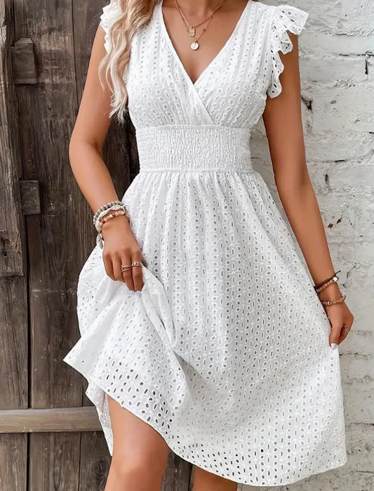 White Lace V-Neck A-Line Mini Dress – Elegant Summer Beachwear