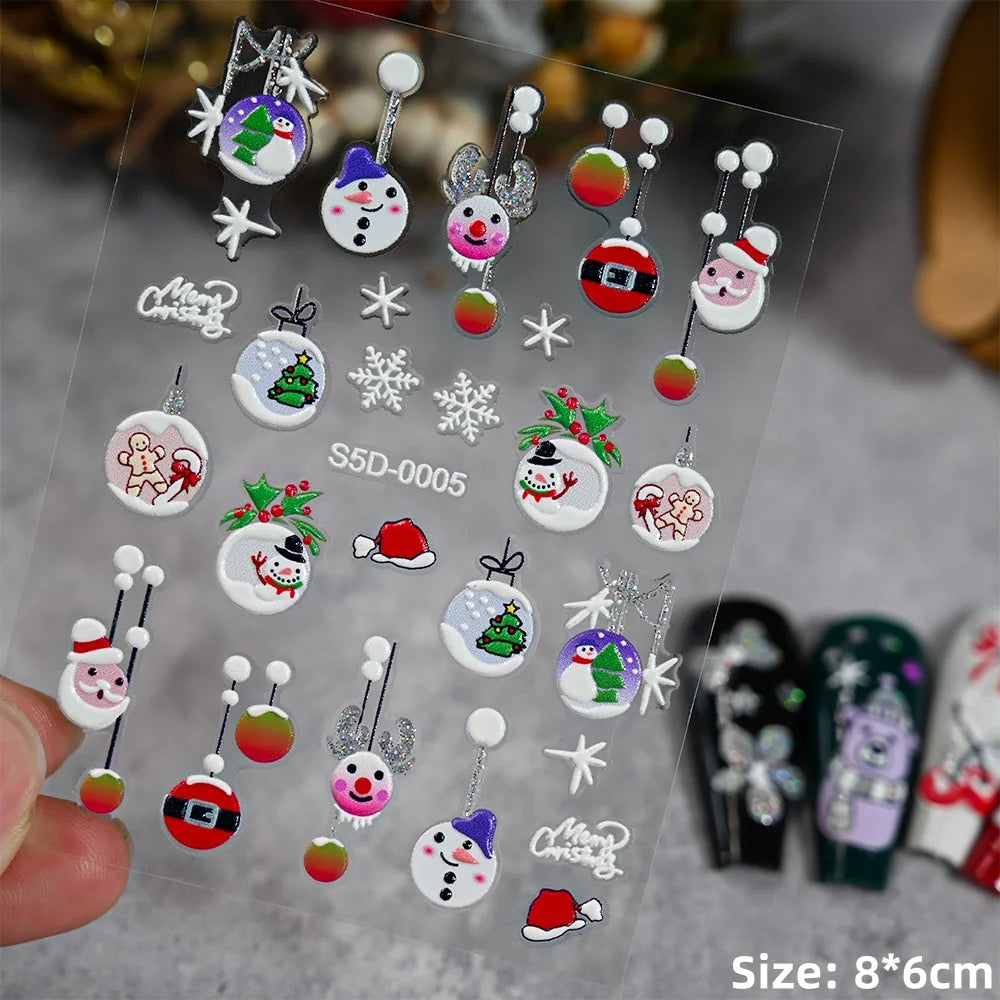Cute Deer Christmas Nail Stickers 5D Embossed Elk Star Gingerbread Man Snowflake Santa Claus Holly DIY Winter Engraved Manicure*