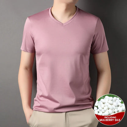Top Grade 1.7% Mulberry Silk New Summer Brand Tops V Neck t Shirts For Men 2025 Short Sleeve Casual Fashion Mens Clothing