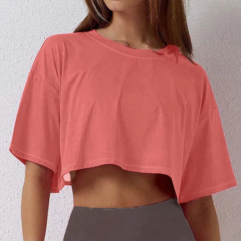 Cotton Women Short Sleeve Dance Running Clothes Yoga Fitness Crop Top  Navel Baring New Sport T-shirt Loose Gym Workout Shirts