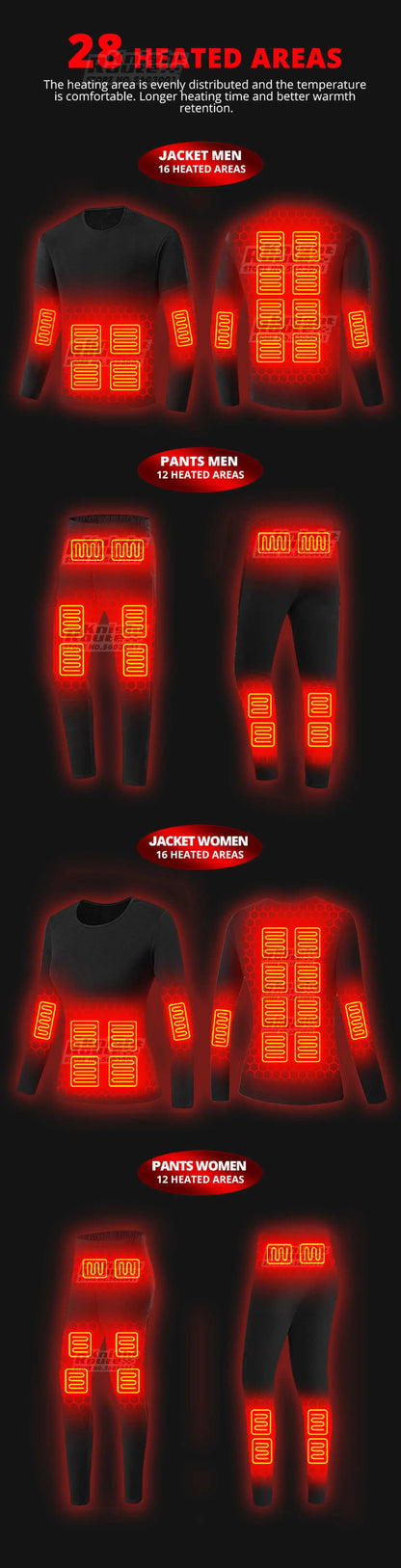 28 Areas Winter Motorcycle Heated Thermal Underwear Men's Women's Heated Jacket USB Heating Smart Pants Hiking Bike Camping Ski