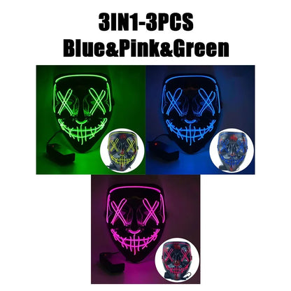 LED Halloween Mask Glow in The Dark Scary Terror Face Cover Bright Scream Light Up Costume for Men Carnival Party