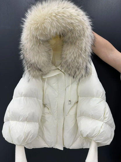 OFTBUY 2025 New Winter Large Real Fur Hooded Puffer Jacket Women Thicken Warm Knitted Sleeve Coat White Duck Down Mid Long Parka