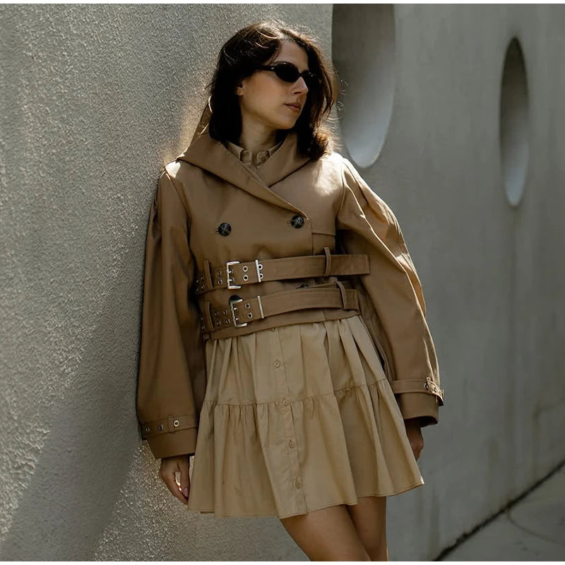 Double-Buckled Belted Hooded Trench Coat Oversized Long Sleeve Maxi 2025 Autumn Edgy Women Outerwear Fashion Trendy Lady Jacket