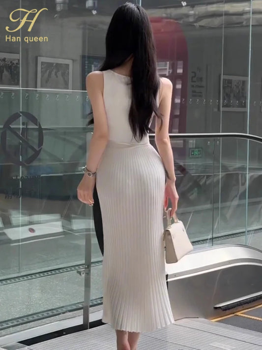 White Sleeveless Knit Midi Dress – Summer Party Style