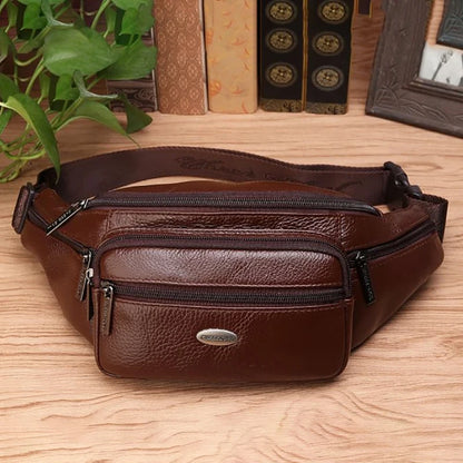 Genuine Leather Men Waist Fanny Pack Bags Sling Chest Pocket Pouch Travel Hiking Male Real Cowhide Loop Hip Belt Bum Bag