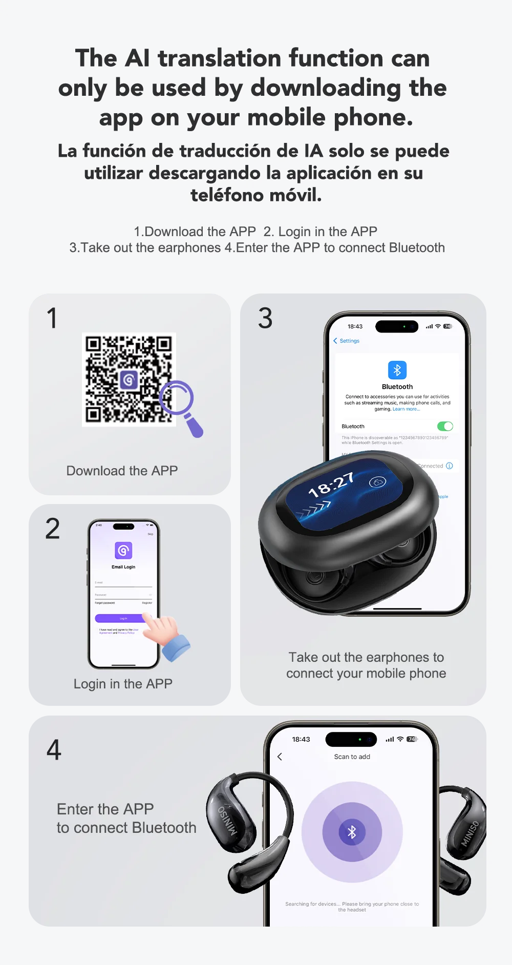 Miniso MS189 AI Translation Bluetooth Earphones Sports Wireless Headset LCD Color Touch Screen 8-Hour Battery Life Stereo Bass