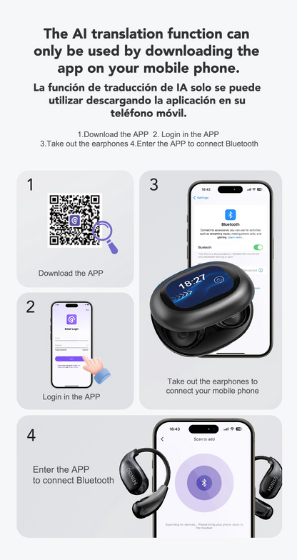 Miniso MS189 AI Translation Bluetooth Earphones Sports Wireless Headset LCD Color Touch Screen 8-Hour Battery Life Stereo Bass