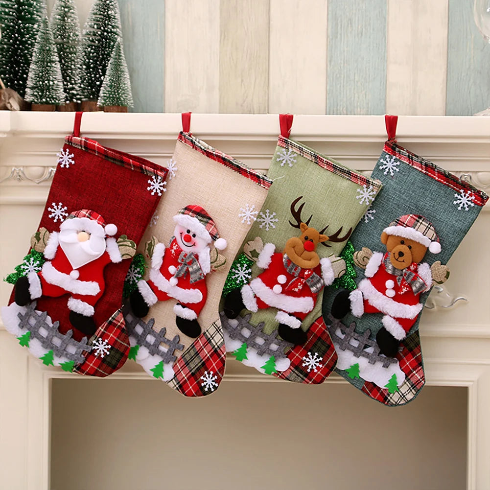 4Pcs Christmas Stockings Set Large Capacity Christmas Ornament Sock Santa Claus/Snowman/Bear/Elk for Home Classroom Party