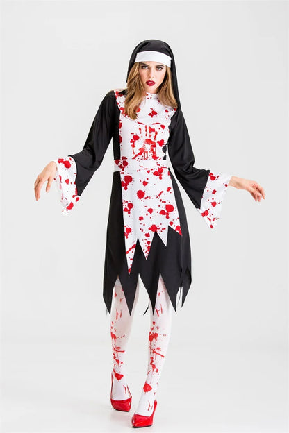 Halloween Costume for Women Nun Costume Cosplay Costumes Vampire Demon Costume Cross Print Long Dress Party Clothes