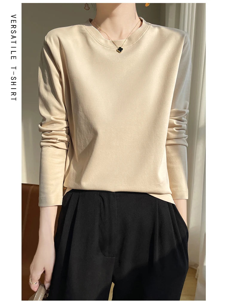 Spring Autumn 100% Cotton Long-Sleeved T-Shirt Women's Round Neck Mercerized Cotton Bottoming Shirt Loose Top