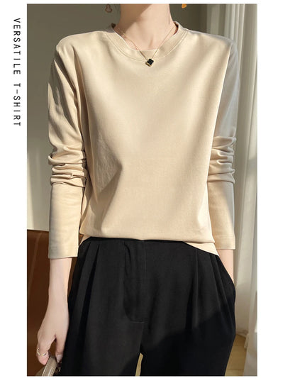 Spring Autumn 100% Cotton Long-Sleeved T-Shirt Women's Round Neck Mercerized Cotton Bottoming Shirt Loose Top
