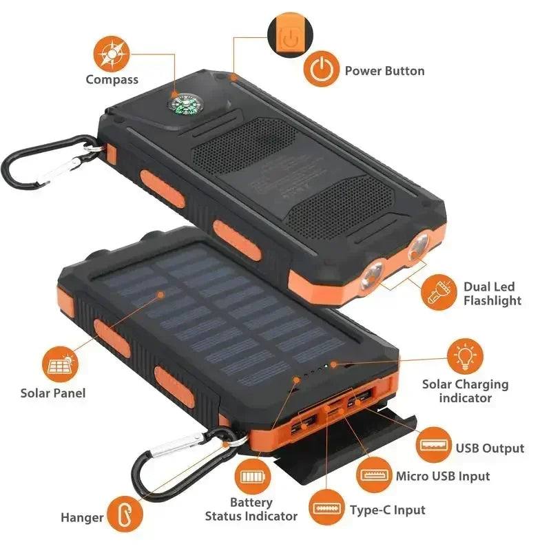 10000mAh Solar Power Bank 4-in-1 Camping Light Compass Hiking Emergency Charger