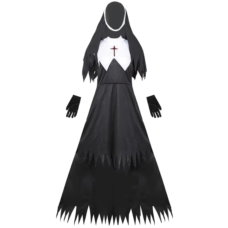 Halloween Costume for Women Nun Costume Cosplay Costumes Vampire Demon Costume Cross Print Long Dress Party Clothes