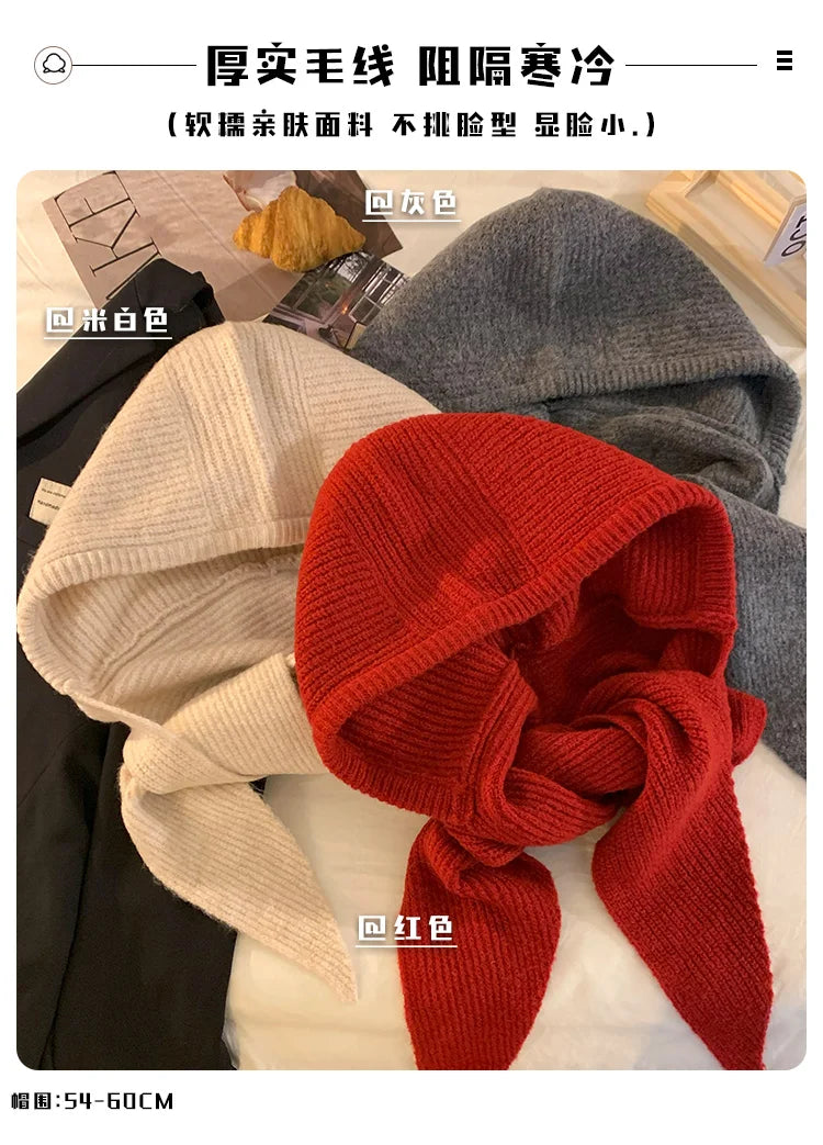Korean Balaclava Bonnet Women Skullies Beanies Hat Scarf One-piece Thickened Warm Neck Protection Winter Accessories Knitted Law