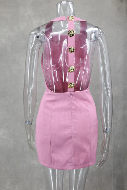 Chic Pink Halter Mini Dress – Backless, Sleeveless, Gold Button | Summer Party Dress 2025