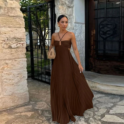 Women's Halter Backless Pleated Maxi Dress – Beach Vibes 2025