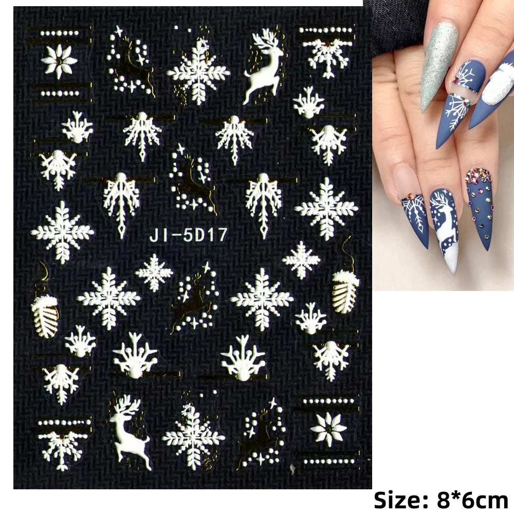 Cute Deer Christmas Nail Stickers 5D Embossed Elk Star Gingerbread Man Snowflake Santa Claus Holly DIY Winter Engraved Manicure*