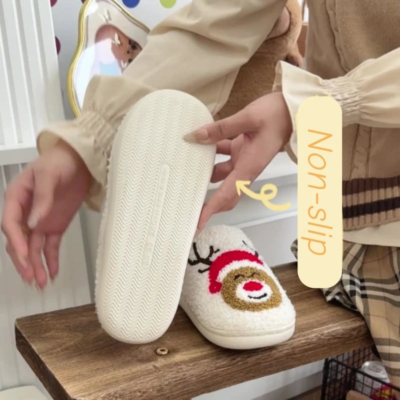 Christmas Women Warm Fashion Slippers Men Cute Santa Claus Embroidery Pattern Slides Couples Furry Sandals Family Plush Shoes