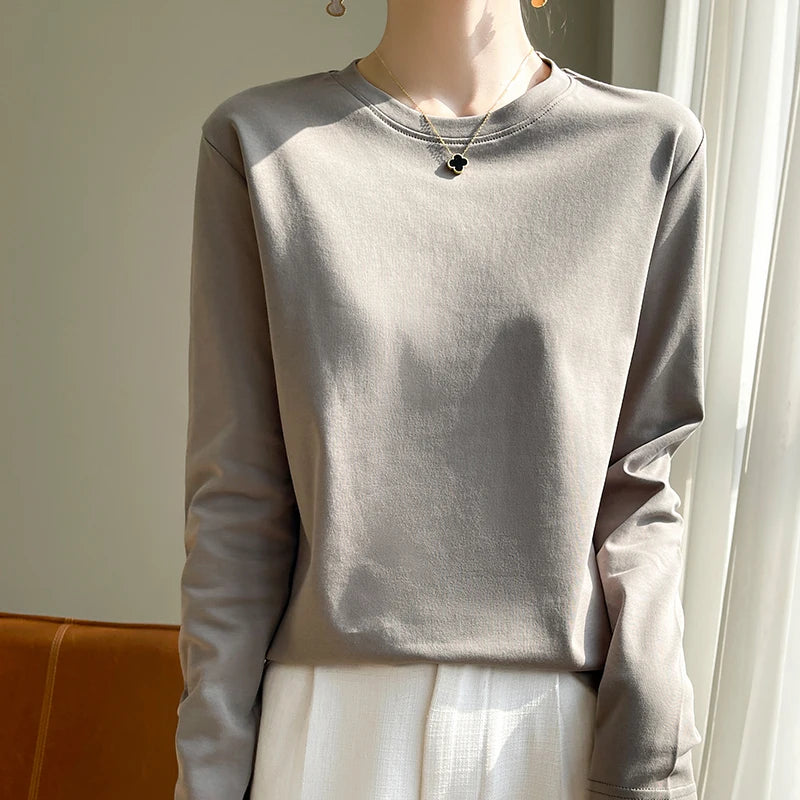 Spring Autumn 100% Cotton Long-Sleeved T-Shirt Women's Round Neck Mercerized Cotton Bottoming Shirt Loose Top