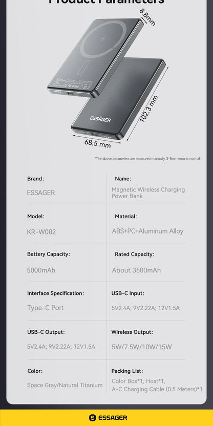 Essager Thin Wireless Power Bank Magnetic 20W 5000mAh Portable Fast Charging External Battery for Magsafe For iPhone 17 16 15 14