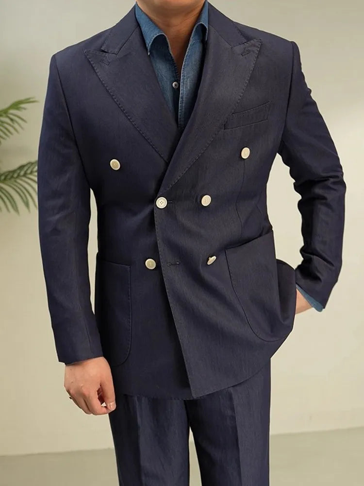 Italian Designer Mens Double Breasted Blazer Pants Two Piece Set Slim Fit Business Man Work Formal Set Groom Wedding Dress Suit
