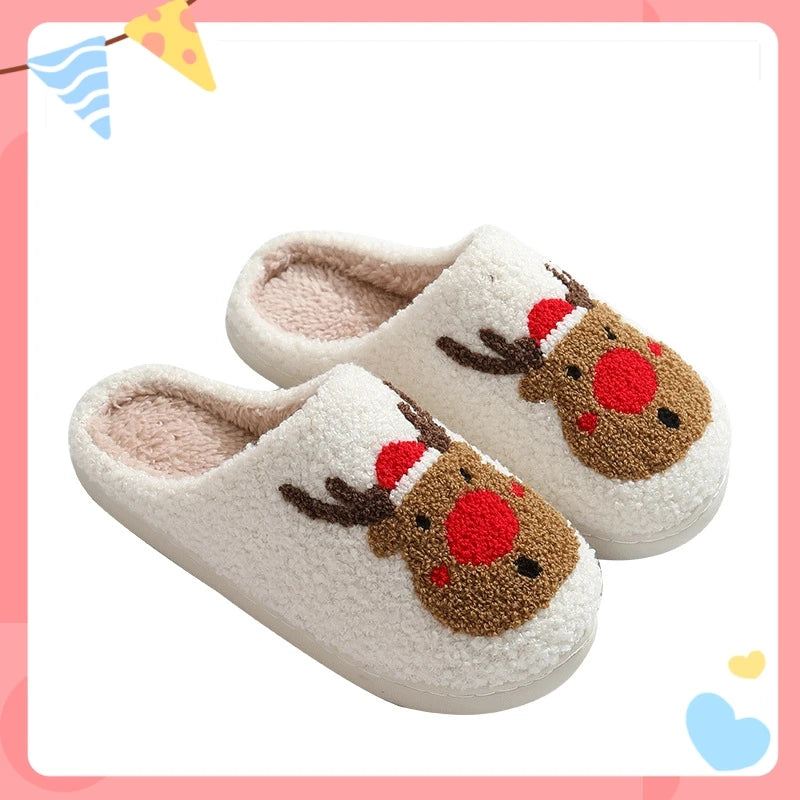 Christmas Women Warm Fashion Slippers Men Cute Santa Claus Embroidery Pattern Slides Couples Furry Sandals Family Plush Shoes