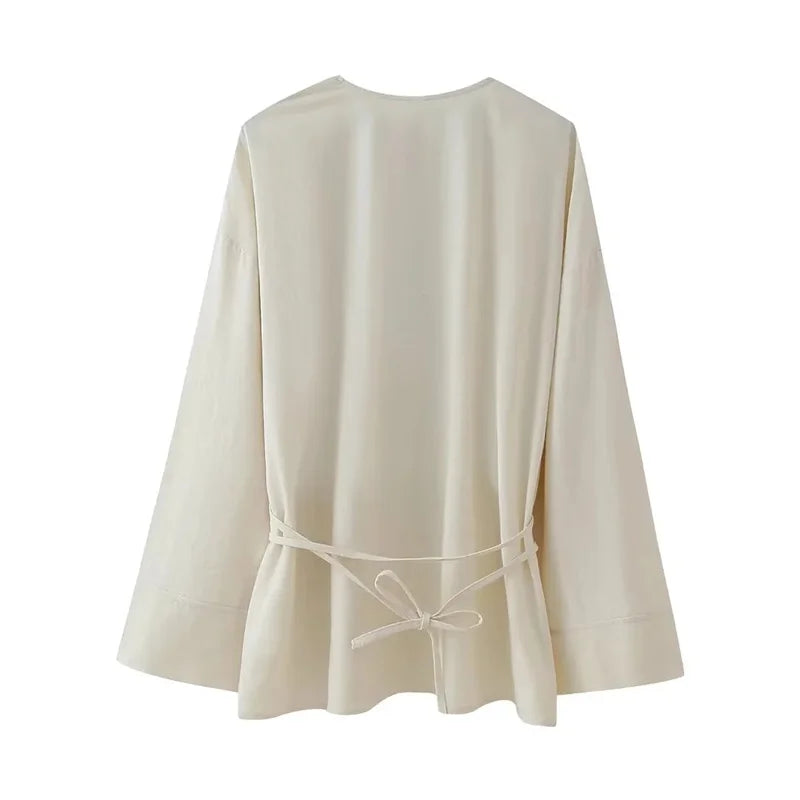 MUJER Kimono Woman Summer Long Sleeve Blouses For Women 2025 Vintage Y2k Top With Ties Loose Elegant And Youth Women's Blouses