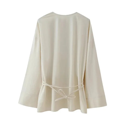 MUJER Kimono Woman Summer Long Sleeve Blouses For Women 2025 Vintage Y2k Top With Ties Loose Elegant And Youth Women's Blouses