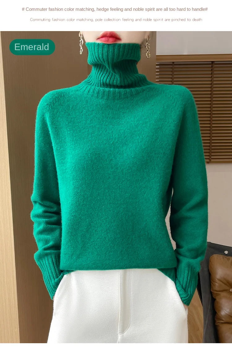 Women's Clothing New Fashion Autumn And Winter Merino Wool Pullover Solid Color Long Sleeve Basic Thermal Top 100% Wool Sweater