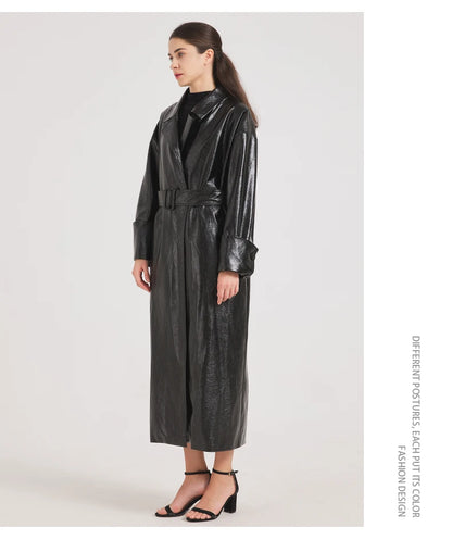 Lautaro Spring Autumn Extra Long Burgundy Pu Leather Trench Coat for Women with Belt Elegant Luxury Designer Maxi Overcoat 2024