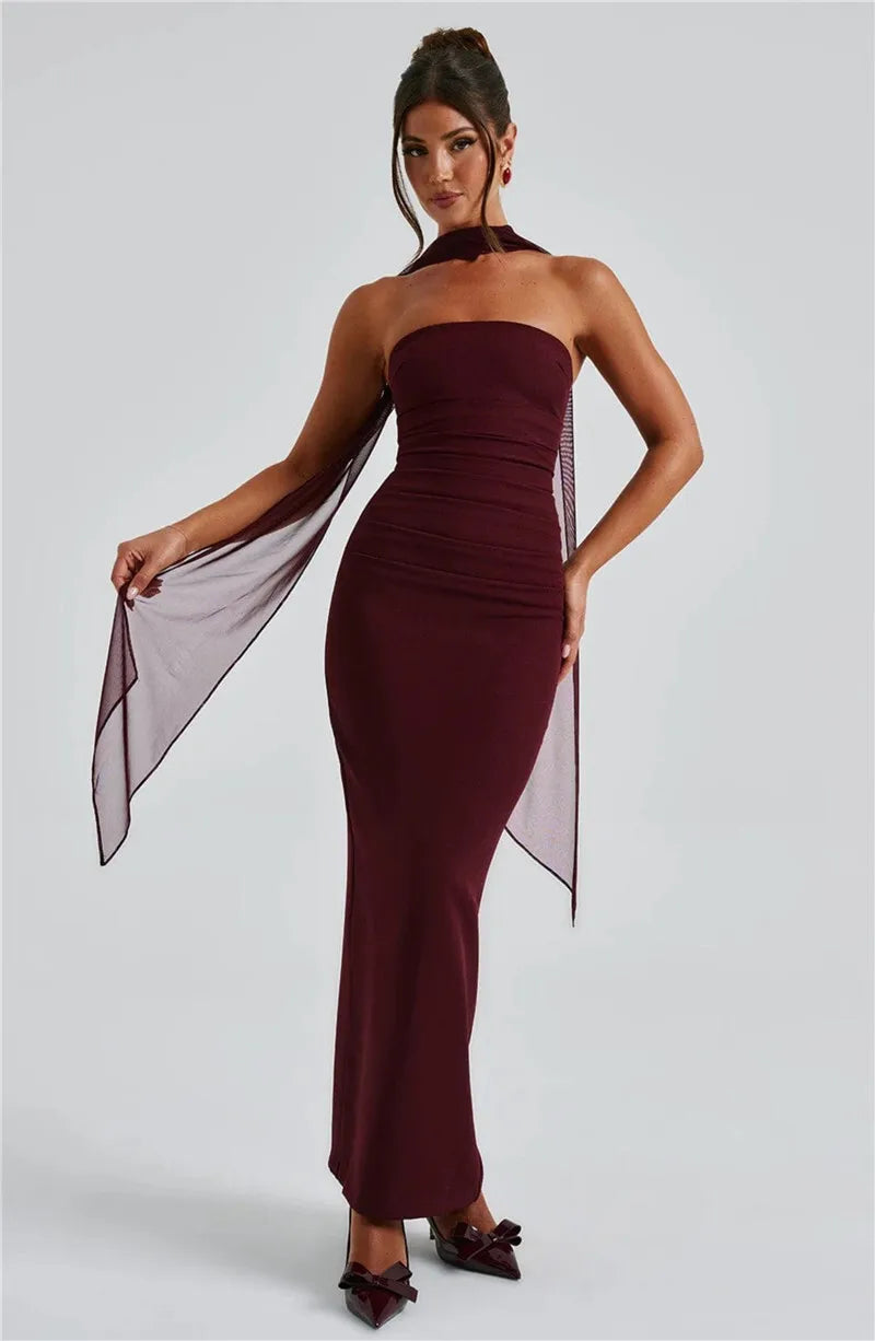 Mozision Scarf Collar Strapless Sexy Maxi Dress For Women Fashion Off-shoulder Backless Bodycon Club Party Long Dress Elegant