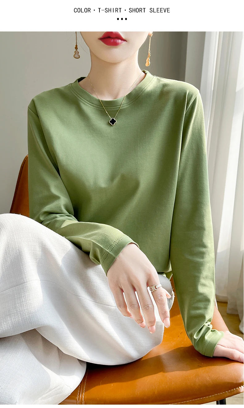 Spring Autumn 100% Cotton Long-Sleeved T-Shirt Women's Round Neck Mercerized Cotton Bottoming Shirt Loose Top